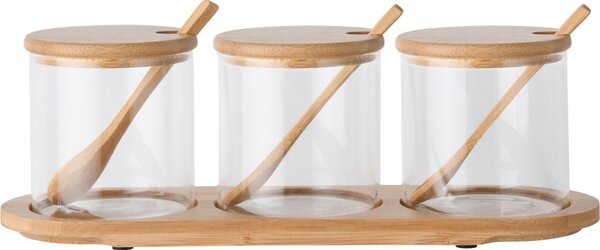 4home Sada sklenených dóz s podnosom a lyžičkami Bamboo, 310 ml