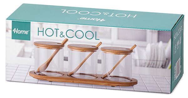 4home Sada sklenených dóz s podnosom a lyžičkami Bamboo, 310 ml