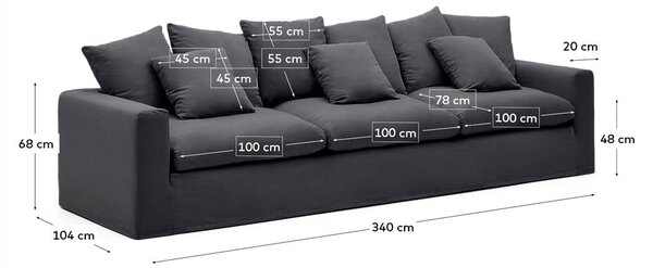 Antracitová ľanová pohovka 340 cm Nora – Kave Home