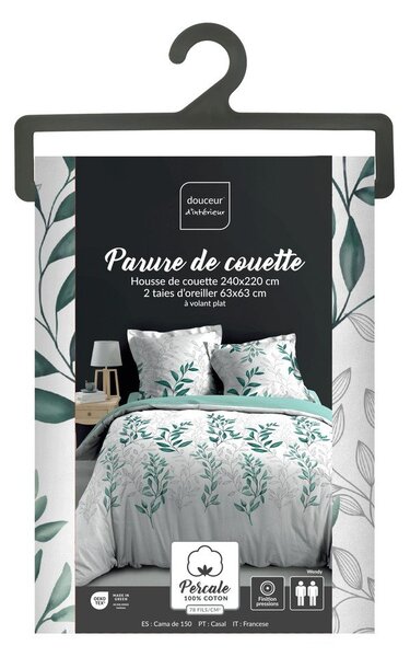 Biele/zelené obliečky na dvojlôžko/predĺžené z bavlneného perkálu 240x220 cm Wendy – douceur d'intérieur