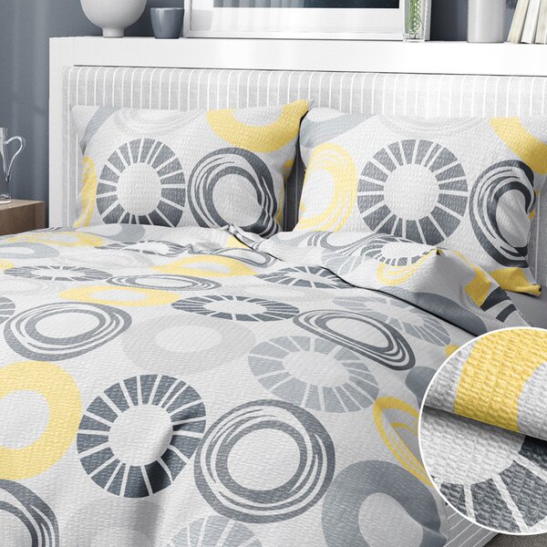 Goldea krepové posteľné obliečky - vzor 1018 žlté a sivé kruhy 140 x 200 a 70 x 90 cm