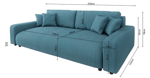 Tyrkysová menčestrová rozkladacia/s úložným priestorom pohovka 234 cm Sara – Ropez