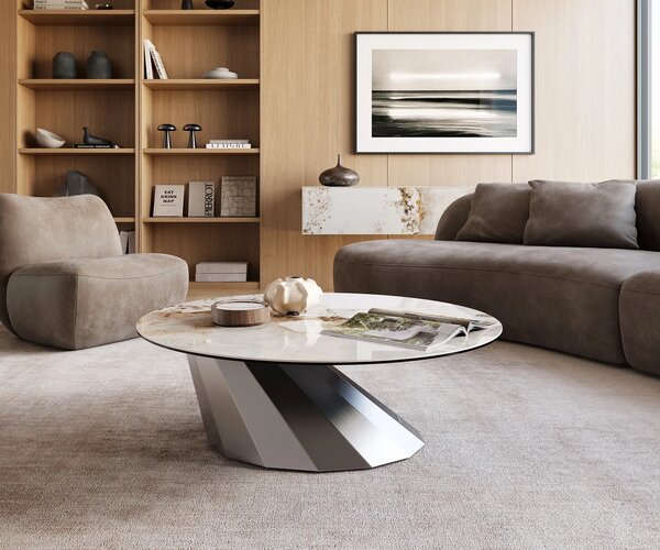 DELIFE Konferenčný stolík Edge okrúhly 100x100 cm keramika Minas Melange Parabi nerezová oceľ kefovaná