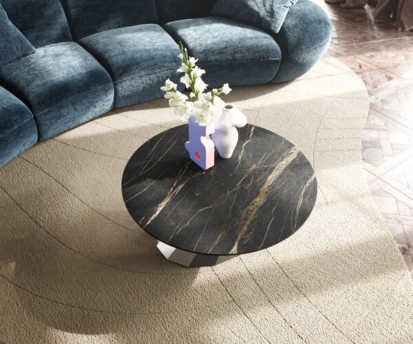 DELIFE Konferenčný stolík Edge okrúhly 90x90 cm keramika Laminam® Noir Desir hnedá parabi nerezová oceľ kefovaná
