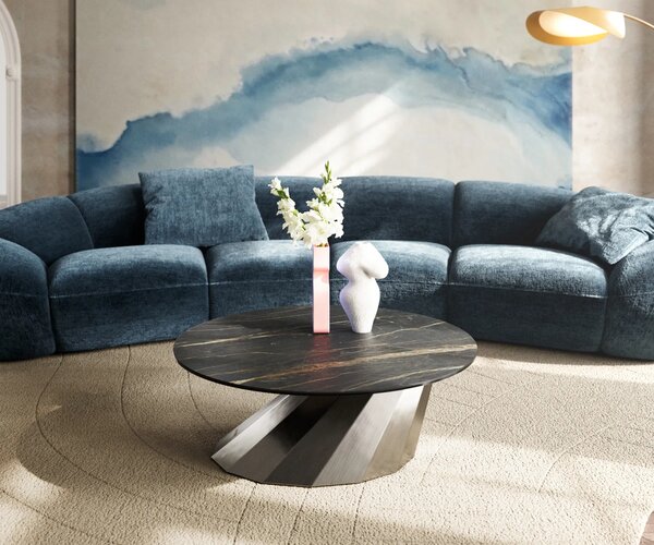 DELIFE Konferenčný stolík Edge okrúhly 90x90 cm keramika Laminam® Noir Desir hnedá parabi nerezová oceľ kefovaná