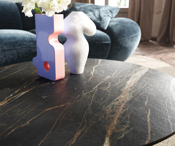 DELIFE Konferenčný stolík Edge okrúhly 90x90 cm keramika Laminam® Noir Desir hnedá parabi nerezová oceľ kefovaná