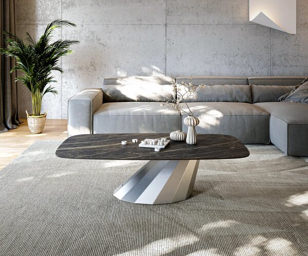DELIFE Konferenčný stolík Edge zaoblený 140x80 cm keramika Laminam® Noir Desir hnedá Parabi nerezová oceľ kefovaná