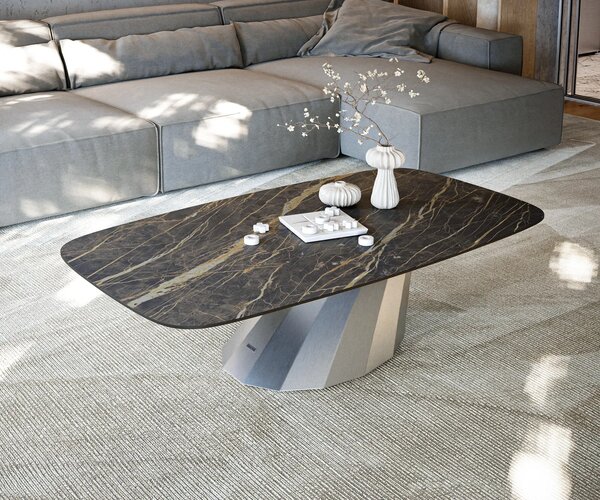 DELIFE Konferenčný stolík Edge zaoblený 140x80 cm keramika Laminam® Noir Desir hnedá Parabi nerezová oceľ kefovaná