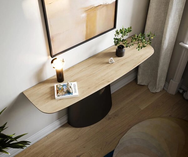 DELIFE Konzolový stolík Edge zaoblený 140×40 cm keramika Laminam® sabbia dubová farba Conos kov čierna