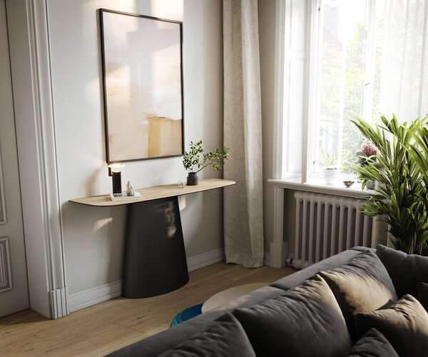 DELIFE Konzolový stolík Edge zaoblený 140×40 cm keramika Laminam® sabbia dubová farba Conos kov čierna