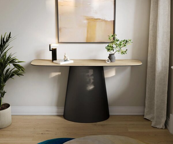 DELIFE Konzolový stolík Edge zaoblený 140×40 cm keramika Laminam® sabbia dubová farba Conos kov čierna
