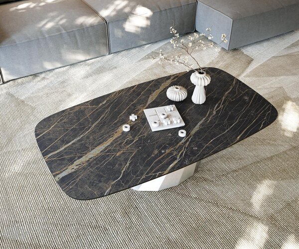 DELIFE Konferenčný stolík Edge zaoblený 140x80 cm keramika Laminam® Noir Desir hnedá Parabi nerezová oceľ kefovaná