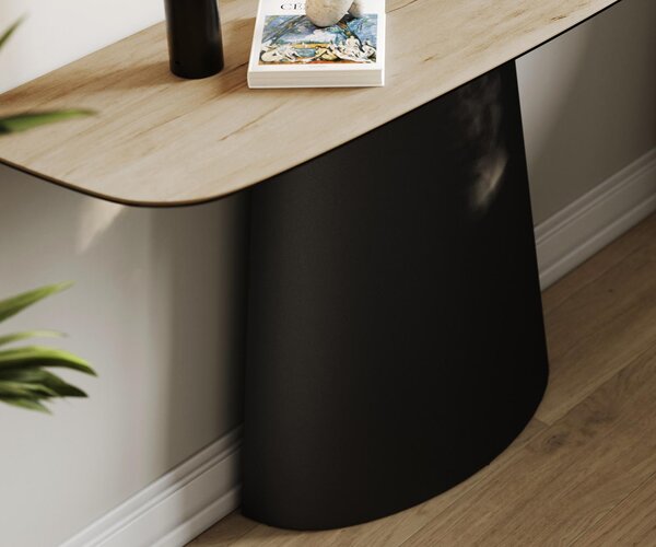 DELIFE Konzolový stolík Edge zaoblený 140×40 cm keramika Laminam® sabbia dubová farba Conos kov čierna