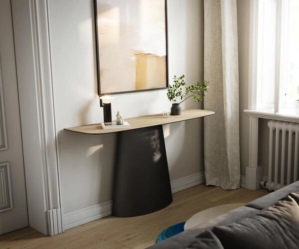 DELIFE Konzolový stolík Edge zaoblený 140×40 cm keramika Laminam® sabbia dubová farba Conos kov čierna