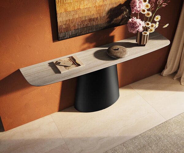 DELIFE Konzolový stolík Edge zaoblený 180×40 cm keramika Laminam® Travertino Bianco krémovo biela Conos kov čierna