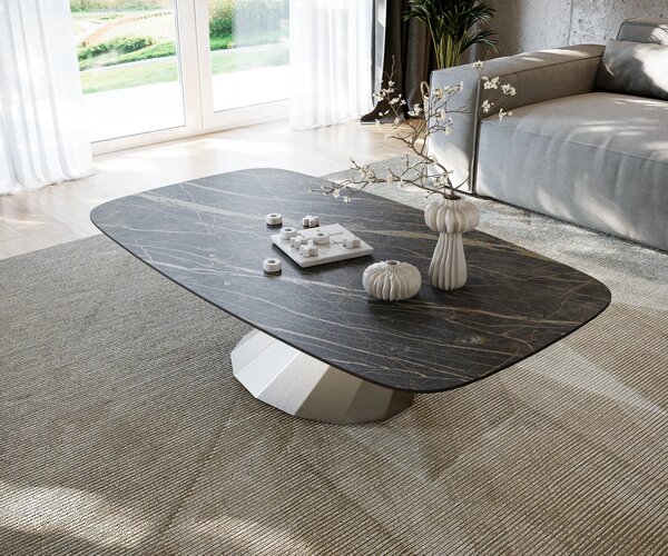 DELIFE Konferenčný stolík Edge zaoblený 140x80 cm keramika Laminam® Noir Desir hnedá Parabi nerezová oceľ kefovaná