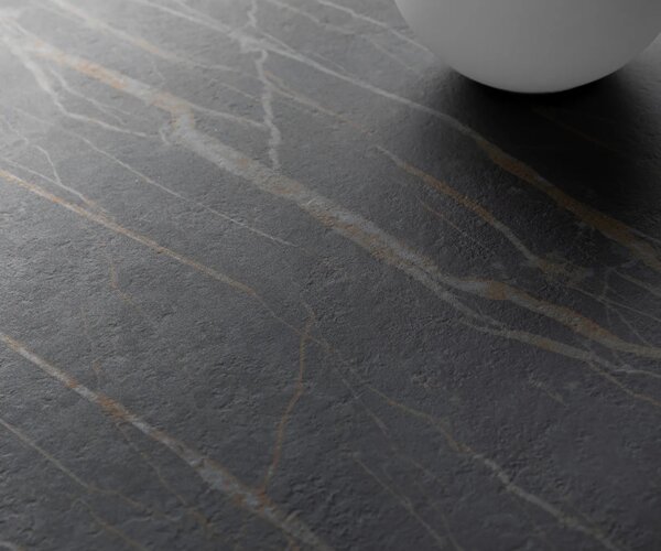 DELIFE Konferenčný stolík Edge zaoblený 140x80 cm keramika Laminam® Noir Desir hnedá Parabi nerezová oceľ kefovaná