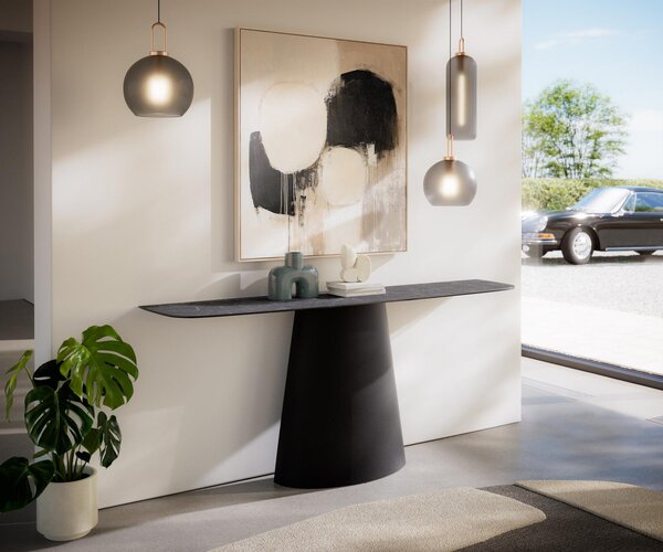 DELIFE Konzolový stolík Edge zaoblený 180×40 cm keramika Laminam® Nero Greco antracitová Conos kov čierna