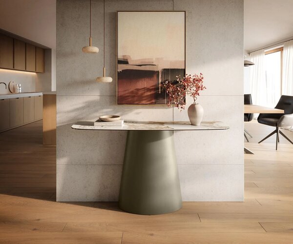 DELIFE Konzolový stolík Edge zaoblený 140×40 cm keramika Minas Melange bielo-béžová Conos kov titánová farba