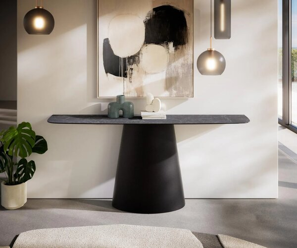 DELIFE Konzolový stolík Edge zaoblený 180×40 cm keramika Laminam® Nero Greco antracitová Conos kov čierna