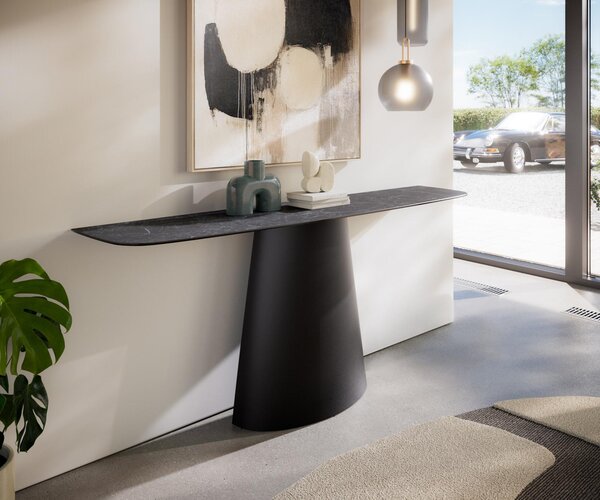 DELIFE Konzolový stolík Edge zaoblený 180×40 cm keramika Laminam® Nero Greco antracitová Conos kov čierna
