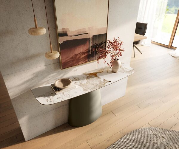DELIFE Konzolový stolík Edge zaoblený 140×40 cm keramika Minas Melange bielo-béžová Conos kov titánová farba