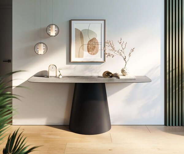 DELIFE Konzolový stolík Edge zaoblený 180×40 cm keramika betónová sivá Conos kov čierna