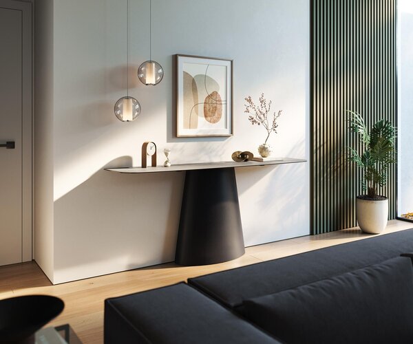 DELIFE Konzolový stolík Edge zaoblený 180×40 cm keramika betónová sivá Conos kov čierna