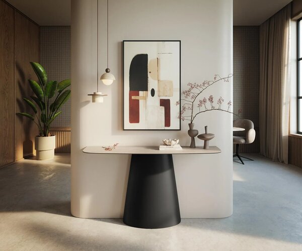 DELIFE Konzolový stolík Edge zaoblený 140×40 cm keramika Laminam® Travertino Bianco krémovo biela Conos kov čierna