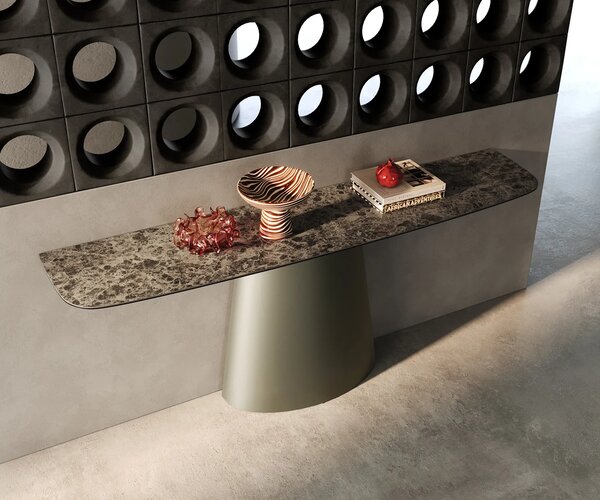 DELIFE Konzolový stolík Edge zaoblený tvar 180×40 cm keramika Emperador Extra Lucidato tmavohnedá kužeľová kovová podstava titánová farba