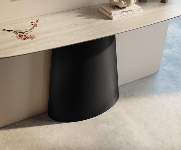 DELIFE Konzolový stolík Edge zaoblený 140×40 cm keramika Laminam® Travertino Bianco krémovo biela Conos kov čierna