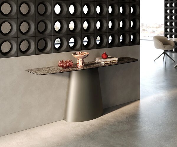 DELIFE Konzolový stolík Edge zaoblený tvar 180×40 cm keramika Emperador Extra Lucidato tmavohnedá kužeľová kovová podstava titánová farba