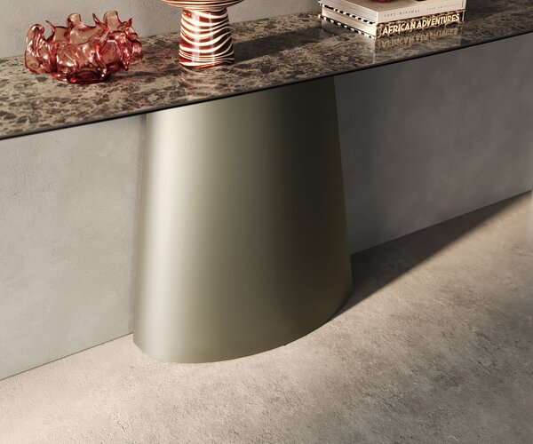 DELIFE Konzolový stolík Edge zaoblený tvar 180×40 cm keramika Emperador Extra Lucidato tmavohnedá kužeľová kovová podstava titánová farba