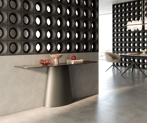 DELIFE Konzolový stolík Edge zaoblený tvar 180×40 cm keramika Emperador Extra Lucidato tmavohnedá kužeľová kovová podstava titánová farba