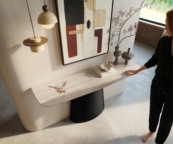 DELIFE Konzolový stolík Edge zaoblený 140×40 cm keramika Laminam® Travertino Bianco krémovo biela Conos kov čierna