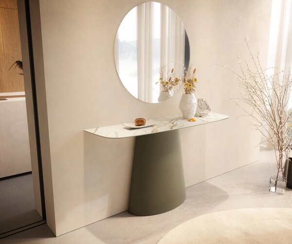 DELIFE Konzolový stolík Edge zaoblený tvar 140×40 cm keramika Calacatta Luxe bielo-zlato-šedá Conos kov titánová farba