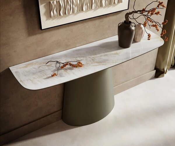 DELIFE Konzolový stolík Edge zaoblený 140×40 cm keramika onyx perla Conos kov titánová farba