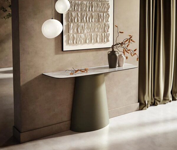 DELIFE Konzolový stolík Edge zaoblený 140×40 cm keramika onyx perla Conos kov titánová farba