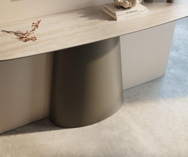DELIFE Konzolový stolík Edge zaoblený 140×40 cm keramika Laminam® Travertino Bianco krémovo biela Conos kov titánová farba