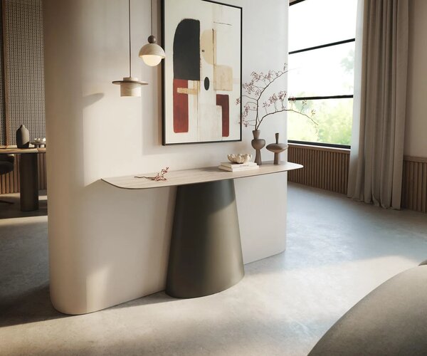DELIFE Konzolový stolík Edge zaoblený 140×40 cm keramika Laminam® Travertino Bianco krémovo biela Conos kov titánová farba