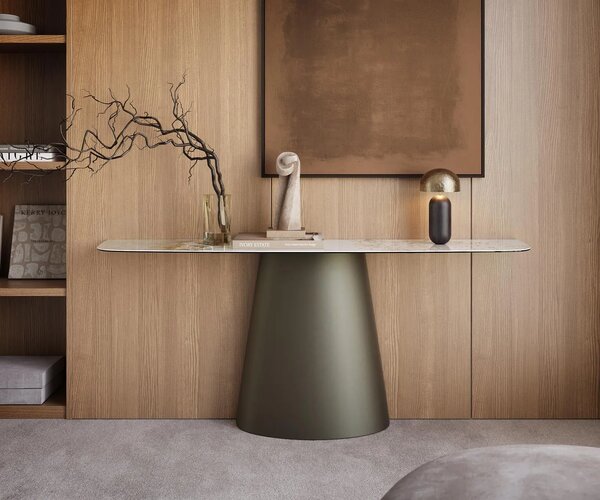 DELIFE Konzolový stolík Edge zaoblený tvar 180×40 cm keramika Minas Melange bielo-béžová Conos kov titánová farba