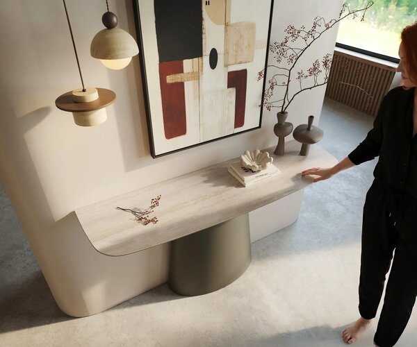 DELIFE Konzolový stolík Edge zaoblený 140×40 cm keramika Laminam® Travertino Bianco krémovo biela Conos kov titánová farba