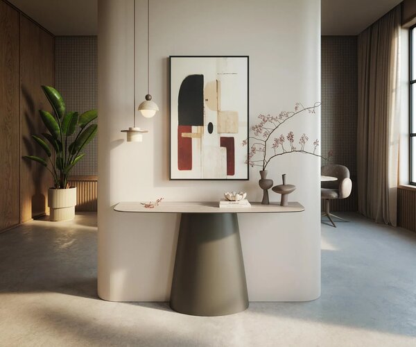 DELIFE Konzolový stolík Edge zaoblený 140×40 cm keramika Laminam® Travertino Bianco krémovo biela Conos kov titánová farba