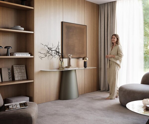 DELIFE Konzolový stolík Edge zaoblený tvar 180×40 cm keramika Minas Melange bielo-béžová Conos kov titánová farba
