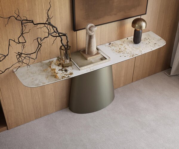 DELIFE Konzolový stolík Edge zaoblený tvar 180×40 cm keramika Minas Melange bielo-béžová Conos kov titánová farba