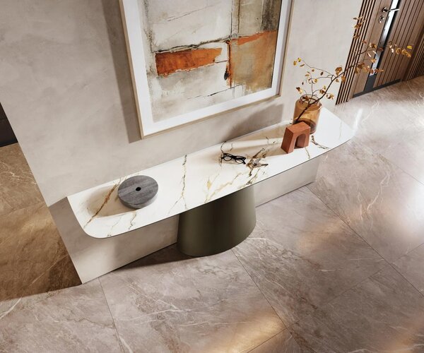 DELIFE Konzolový stolík Edge zaoblený tvar 180×40 cm keramika Calacatta Luxe bielo-zlato-šedá Conos kov titánová farba