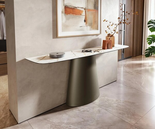DELIFE Konzolový stolík Edge zaoblený tvar 180×40 cm keramika Calacatta Luxe bielo-zlato-šedá Conos kov titánová farba