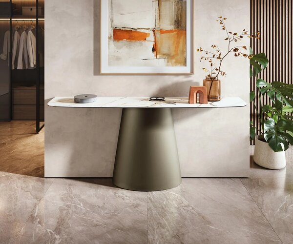 DELIFE Konzolový stolík Edge zaoblený tvar 180×40 cm keramika Calacatta Luxe bielo-zlato-šedá Conos kov titánová farba
