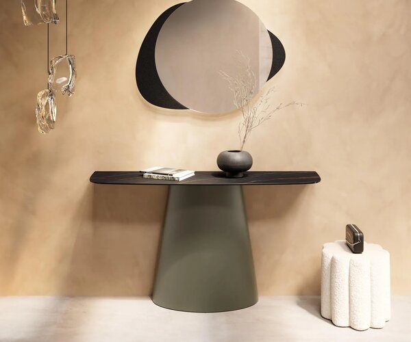 DELIFE Konzolový stolík Edge zaoblený tvar 140×40 cm keramika Laminam® Noir Desir hnedá kov titánová farba