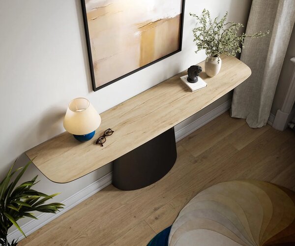 DELIFE Konzolový stolík Edge zaoblený 180×40 cm keramika Laminam® sabbia dubová farba Conos kov čierna